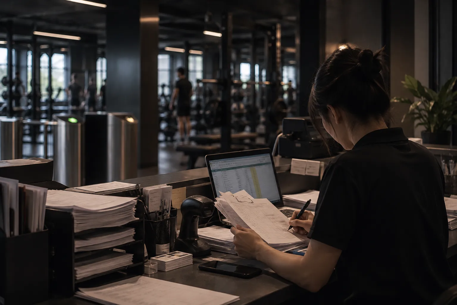 Staf gym memeriksa data member di meja front-desk dengan area latihan di belakangnya