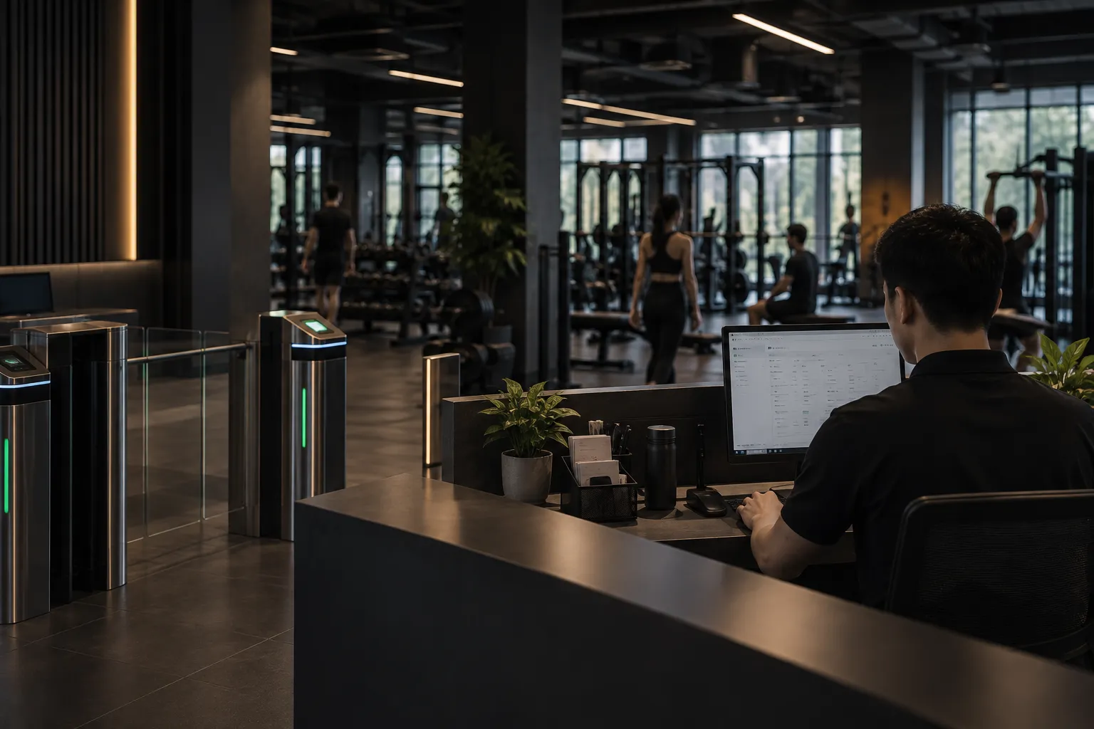 Gerbang access control dan staf front-desk dengan area gym yang aktif di latar belakang