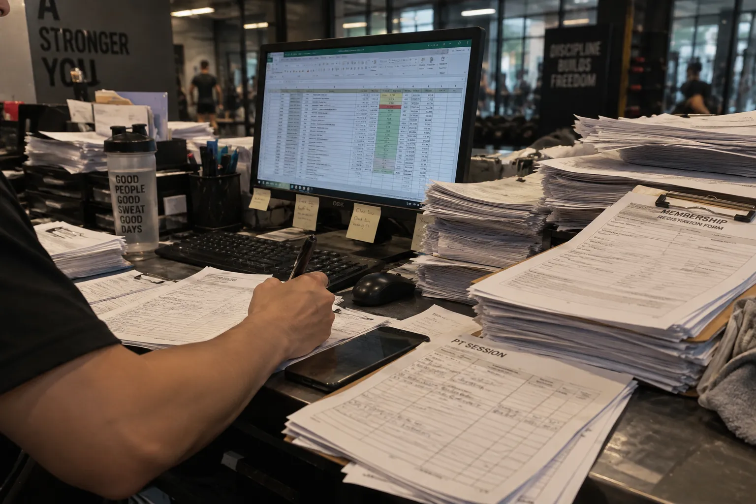 Staf front-desk gym mengelola pendaftaran dan laporan secara manual dengan tumpukan kertas
